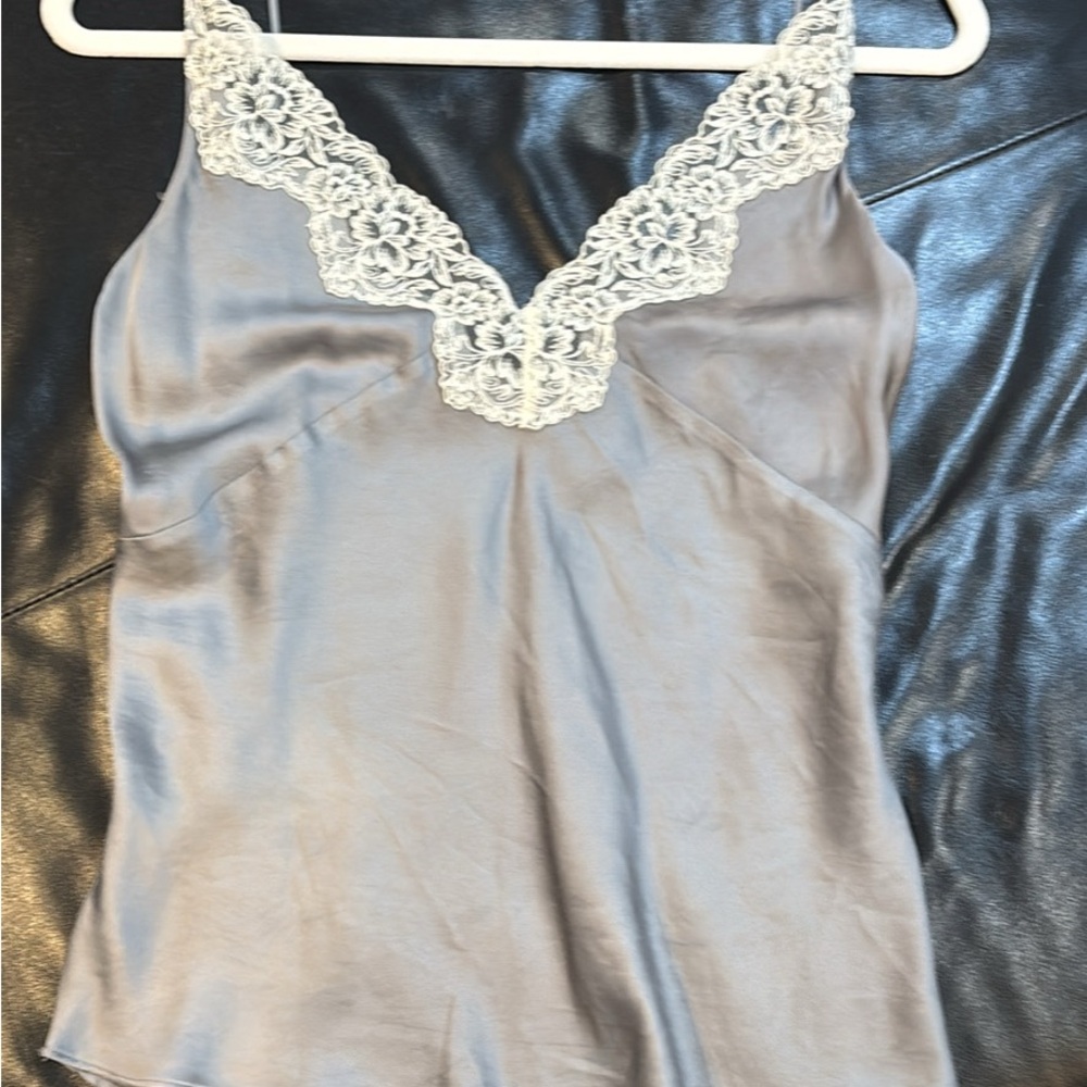 Elegant Gray Satin Camisole with Lace Trim